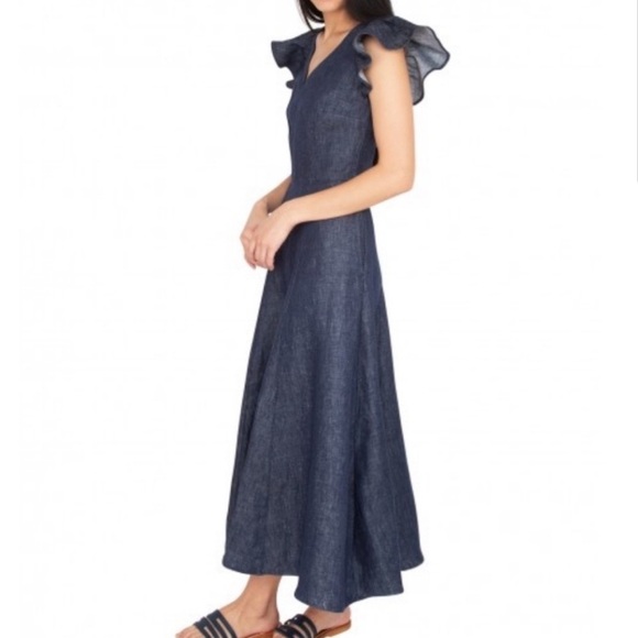 Ann Mashburn Flutter Sleeve Maxi Dress in Dark Chambray Linen, Size XS - Picture 2 of 15